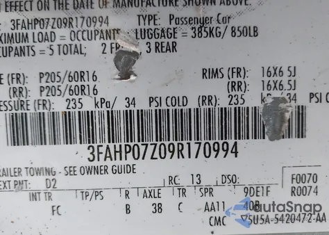 2009 Ford Fusion Se from USA, damaged, VIN 3FAHP07Z09R170994